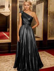 Golden A Line One Shoulder A Line Pleated Metallic Long Formal Dress
