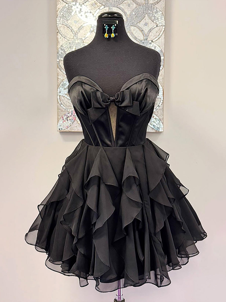 Black A Line Strapless Cut Front Homecoming Dress with Bow