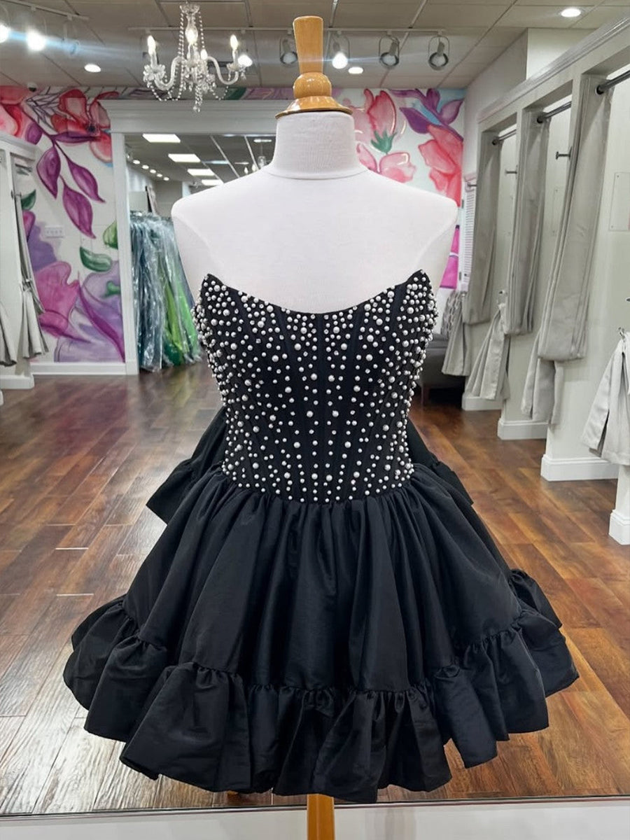 Black A Line Strapless Pearls Short Homecoming Dress with Ruffles