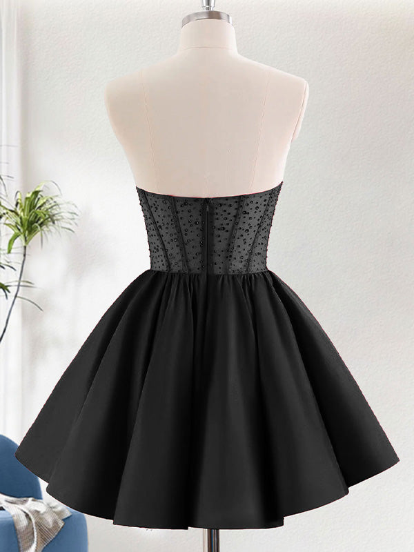 Black A Line Strapless Ruffle Short Homecoming Dress with Beading