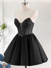 Black A Line Strapless Ruffle Short Homecoming Dress with Beading