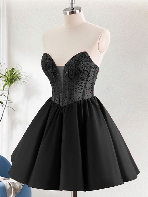 Black A Line Strapless Ruffle Short Homecoming Dress with Beading