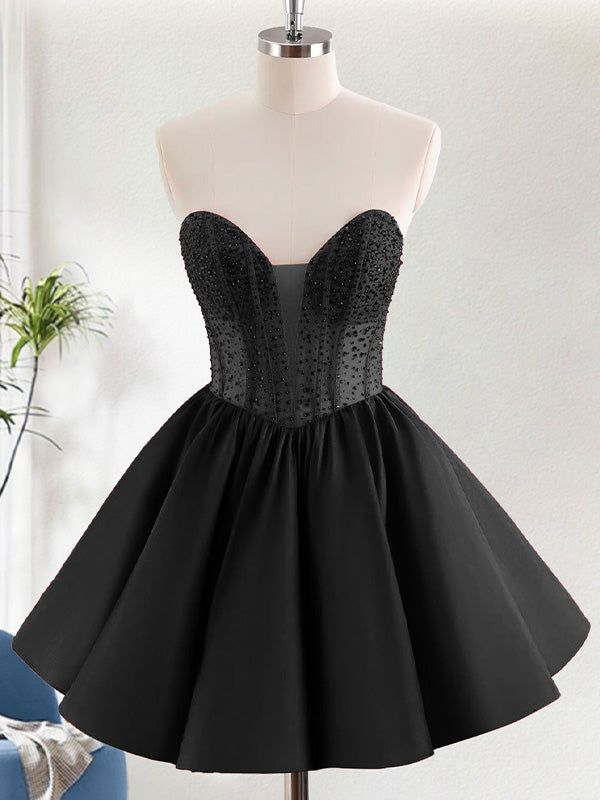 Black A Line Strapless Ruffle Short Homecoming Dress with Beading