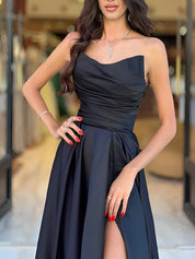 Black A Line Strapless Satin Long Prom Dresses With Slit
