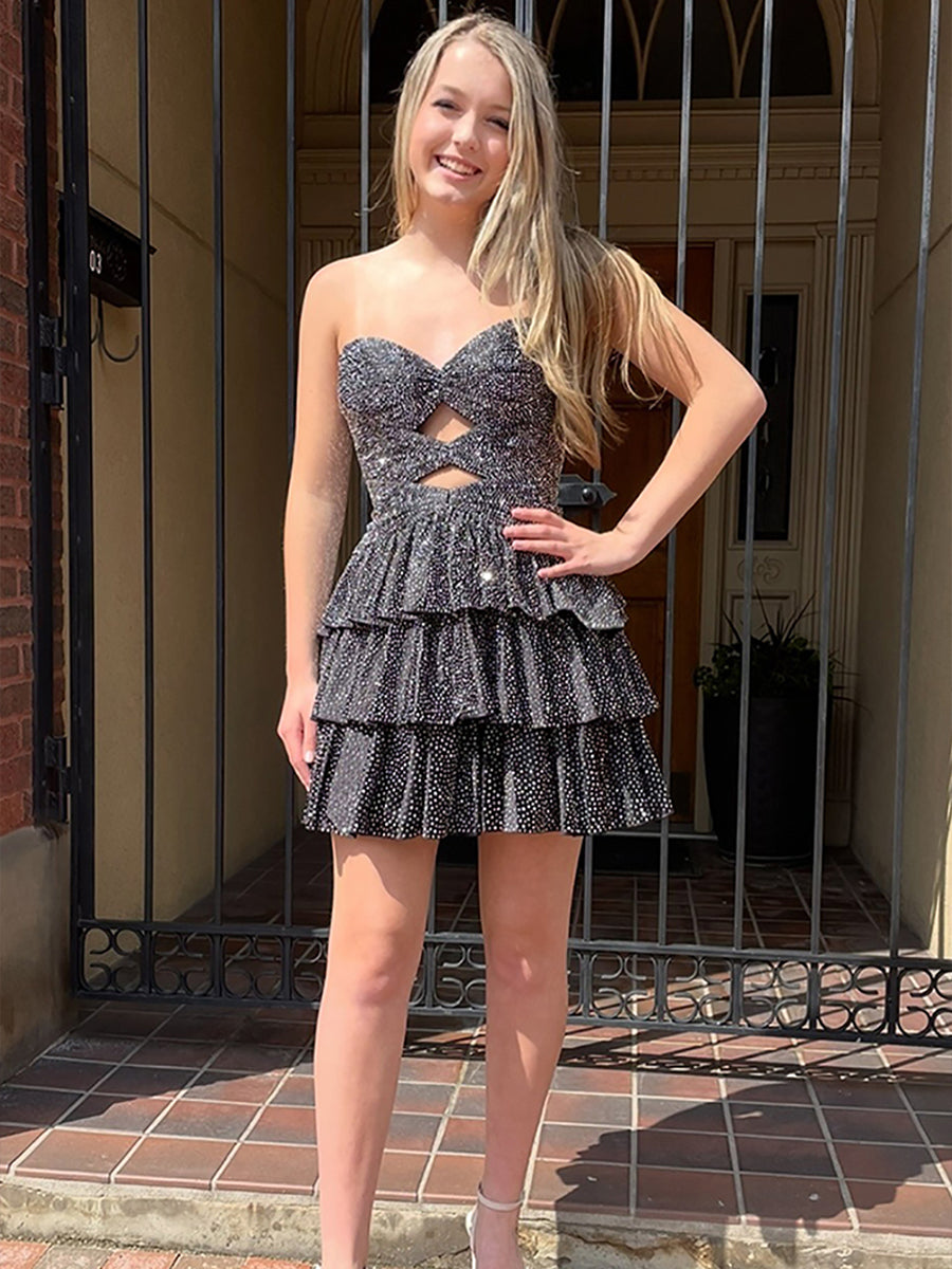 Black A Line Strapless Sweetheart Satin Homecoming Dress with Keyhole