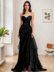 Dark Brown A Line Strapless Sweetheart Sheath Chiffon Tiered Long Formal Dress