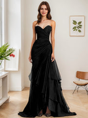 Dark Brown A Line Strapless Sweetheart Sheath Chiffon Tiered Long Formal Dress