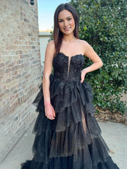 Black A Line Strapless Tiered Tulle Long Prom Dress with Appliques