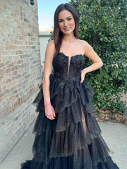 Black A Line Strapless Tiered Tulle Long Prom Dress with Appliques