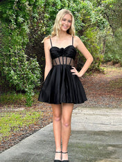 Black A Line Straps Satin Short Homecoming Dresses with Bow