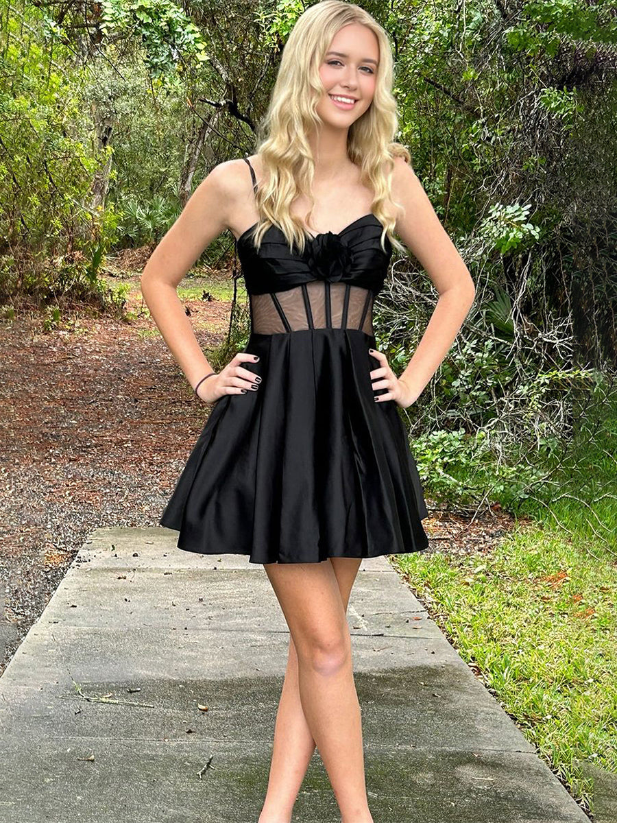 Black A Line Straps Satin Short Homecoming Dresses with Bow