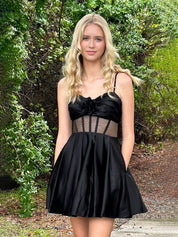 Black A Line Straps Satin Short Homecoming Dresses with Bow