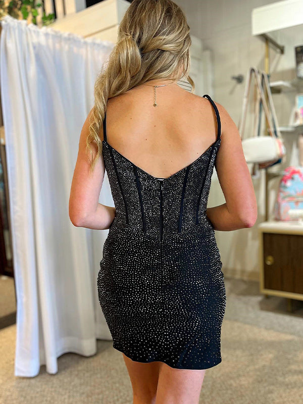 Black Beaded Fitted Short Tight Homecoming Party Dress