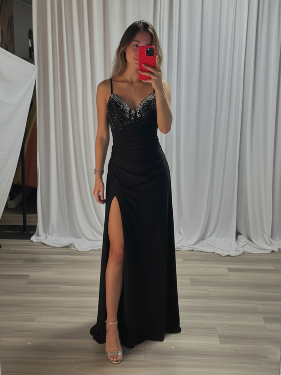 Black Beaded V Neck Corset Bodice Long Prom Dress with Slit