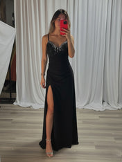 Black Beaded V Neck Corset Bodice Long Prom Dress with Slit