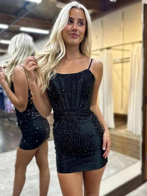 Black Bodycon Spaghetti Straps Lace Up Beaded Homecoming Dress With Appliques