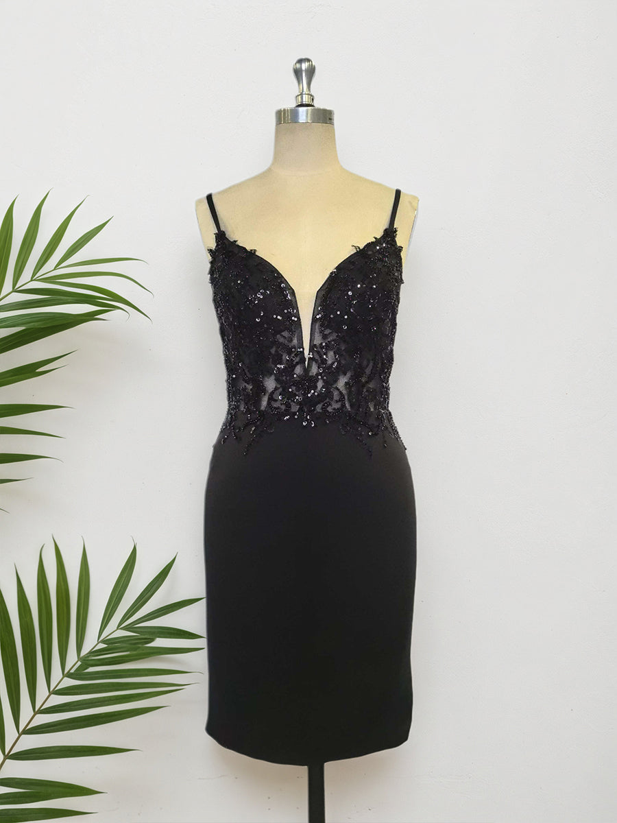 Black Bodycon V Neck Short Homecoming Dress with Appliques