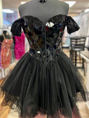 Black Chic A Line Off the Shoulder Corset Homecoming Dress