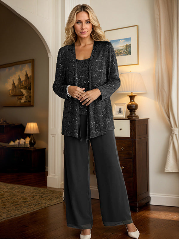 Black Chiffon Mother of the Bride Pantsuits with Jacket & Sequins