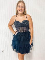Black Corset A-line Spaghetti Straps Ruffle Short Homecoming Dress