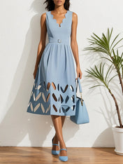 Black Devore Classic V Neck Sleeveless A-Line Midi Dress