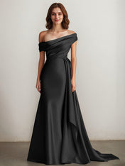Elegant Champagne Off the Shoulder Long Formal Dress with Side Cape