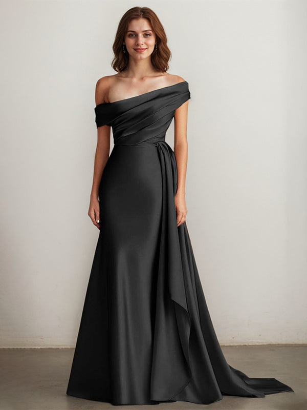 Elegant Champagne Off the Shoulder Long Formal Dress with Side Cape