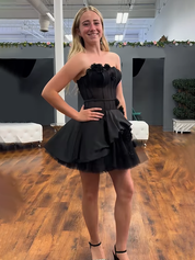 Black Floral A Line Strapless Short Homecoming Dress