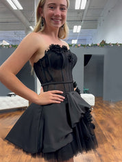 Black Floral A Line Strapless Short Homecoming Dress