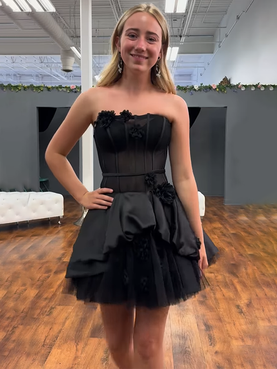 Black Floral A Line Strapless Short Homecoming Dress