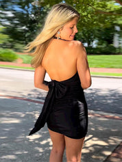 Black Halter Open Back Short Tight Satin Homecoming Dress