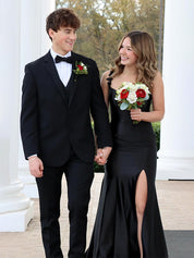 Red Mermaid Flowers Straps Long Prom Dress with Slit