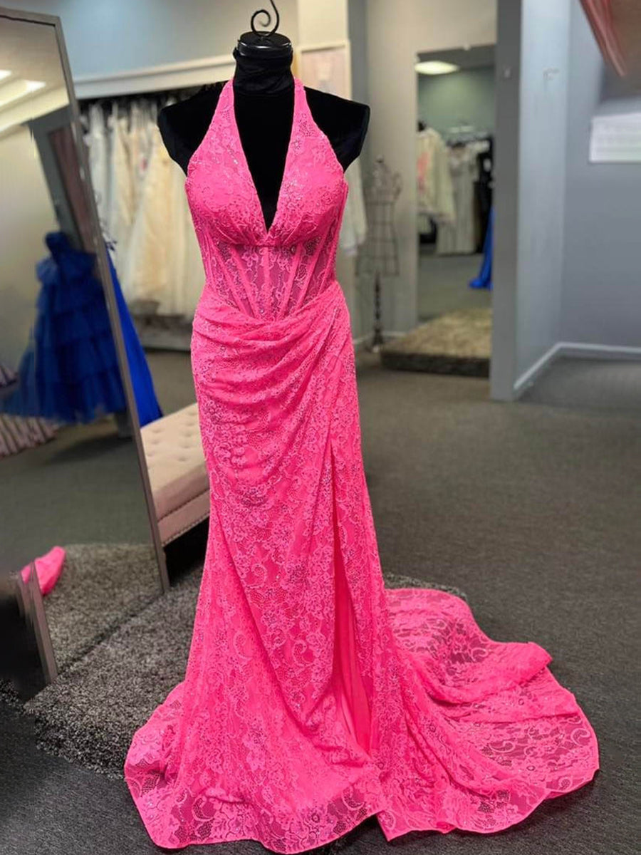 Black Mermaid Lace Halter Long Prom Dress with Slit