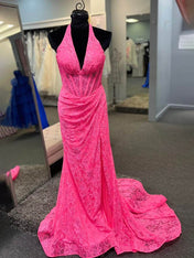 Black Mermaid Lace Halter Long Prom Dress with Slit