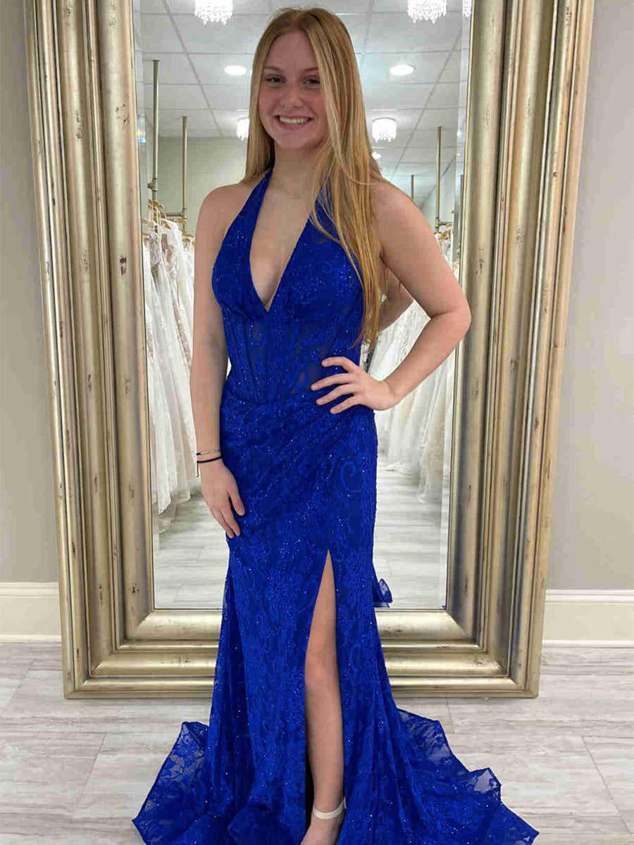 Black Mermaid Lace Halter Long Prom Dress with Slit