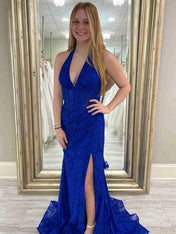 Black Mermaid Lace Halter Long Prom Dress with Slit