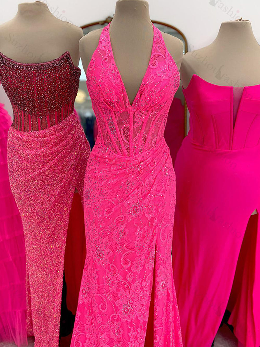 Black Mermaid Lace Halter Long Prom Dress with Slit