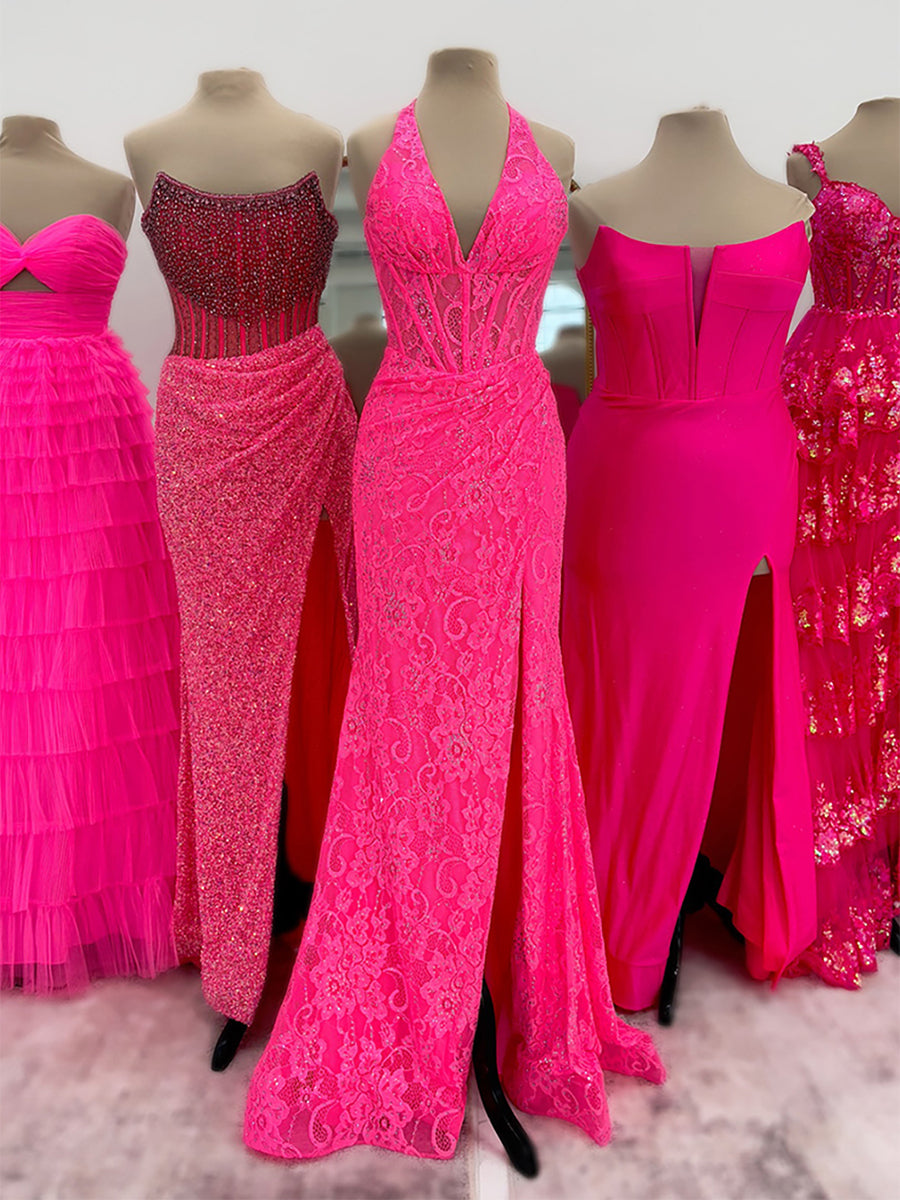 Black Mermaid Lace Halter Long Prom Dress with Slit