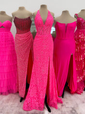 Black Mermaid Lace Halter Long Prom Dress with Slit