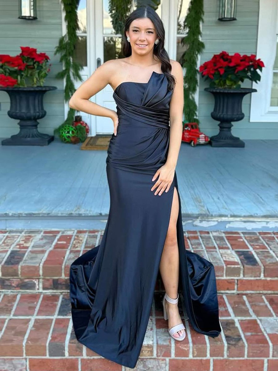 Sage Mermaid Pleats Strapless Long Prom Dress with Slit