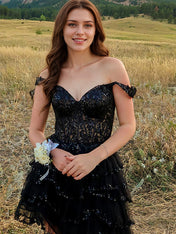 Black Off the Shoulder Sequin Ruffle Short Homecoming Dress