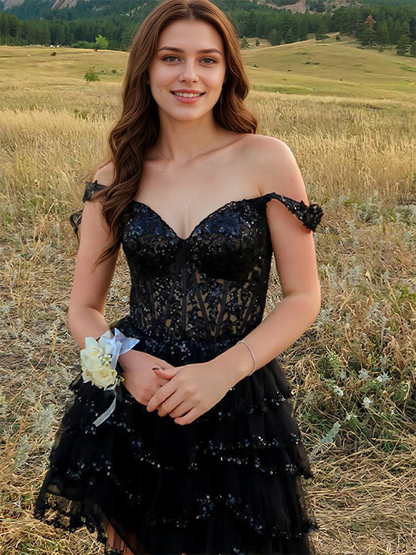 Black Off the Shoulder Sequin Ruffle Short Homecoming Dress