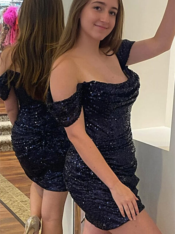 Black Off the Shoulder Sequin Short Homecoming Dress