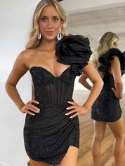 Black One Shoulder Bodycon Beaded Homecoming Dress With Flower