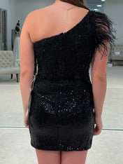 Black One Shoulder Sequins Bodycon Corset Homecoming Dress with Feather