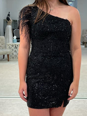 Black One Shoulder Sequins Bodycon Corset Homecoming Dress with Feather