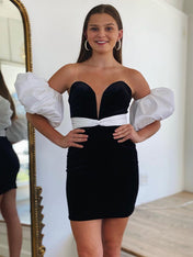 Black Plunge Neck Short Homecoming Dress With Puff Sleeves