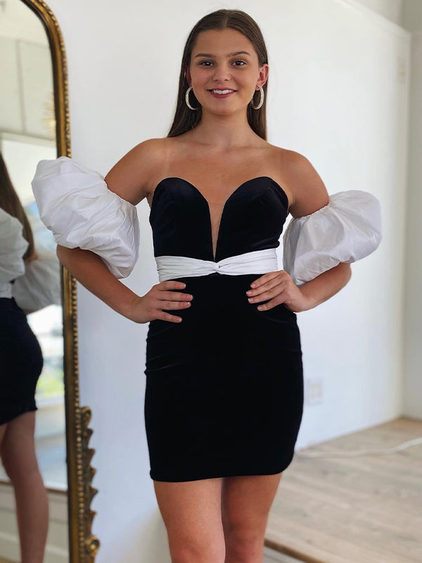 Black Plunge Neck Short Homecoming Dress With Puff Sleeves
