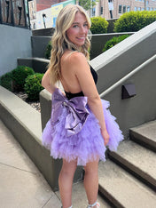 Black Purple A-Line V-Neck Open Back Short Tulle Homecoming Dress--