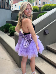 Black Purple A-Line V-Neck Open Back Short Tulle Homecoming Dress--